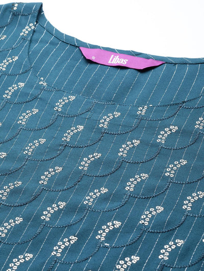 Teal Embroidered Rayon Straight Kurta - Libas