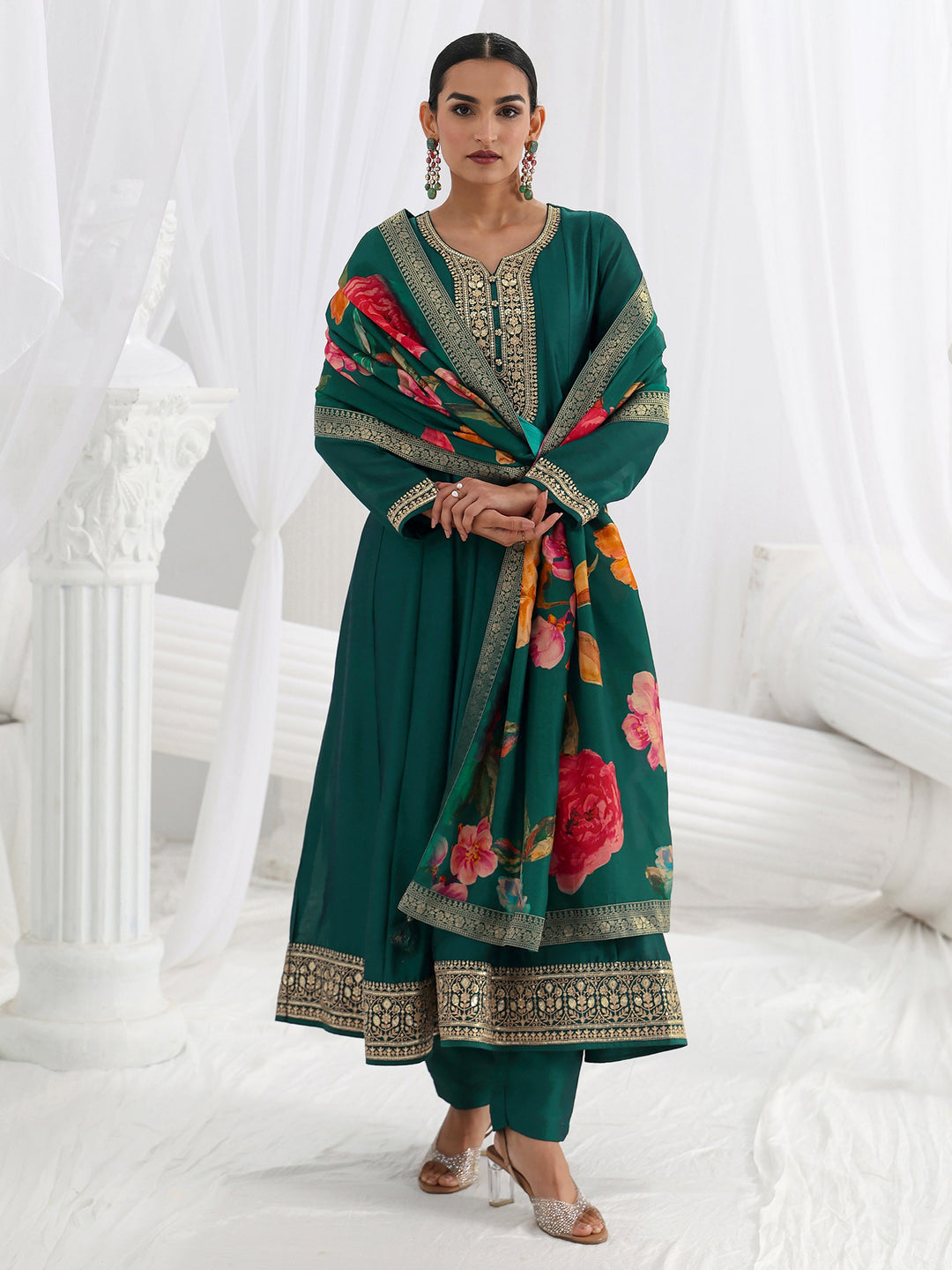 Teal Embroidered Silk Blend A-Line Suit Set With Dupatta