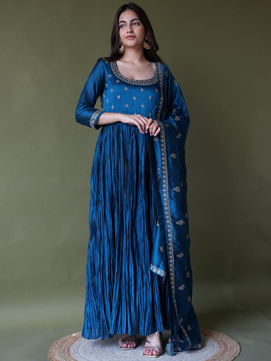 Teal Embroidered Silk Blend Anarkali Kurta With Trousers & Dupatta - Libas