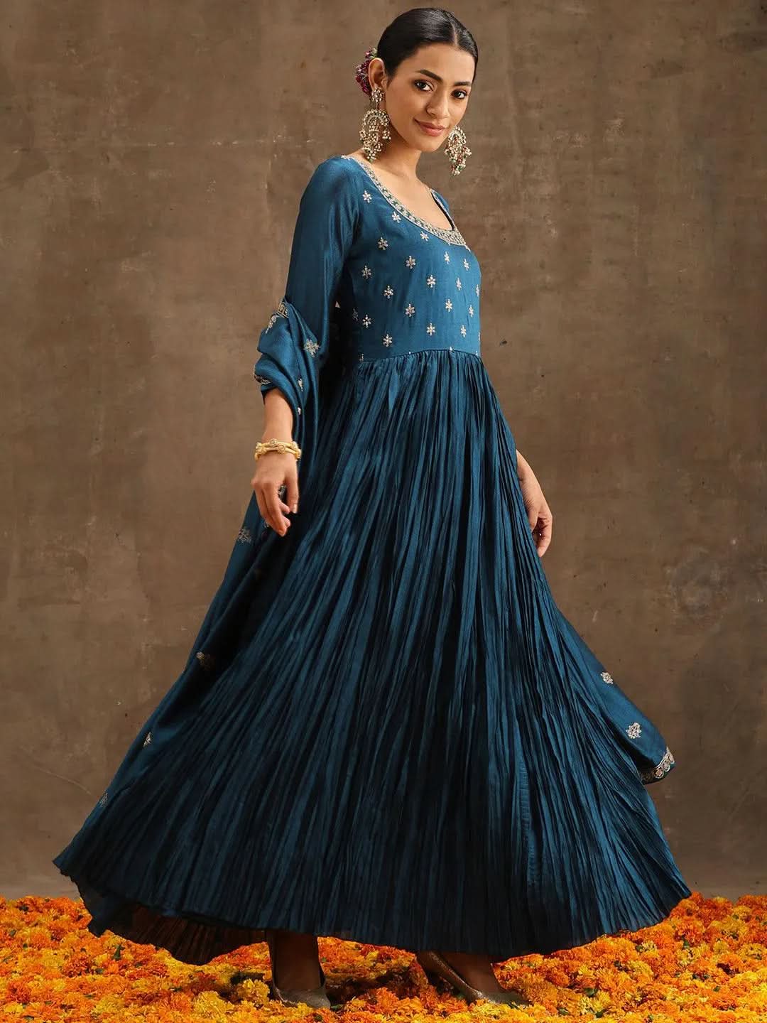 Teal Embroidered Silk Blend Anarkali Suit Set With Trousers - Libas 