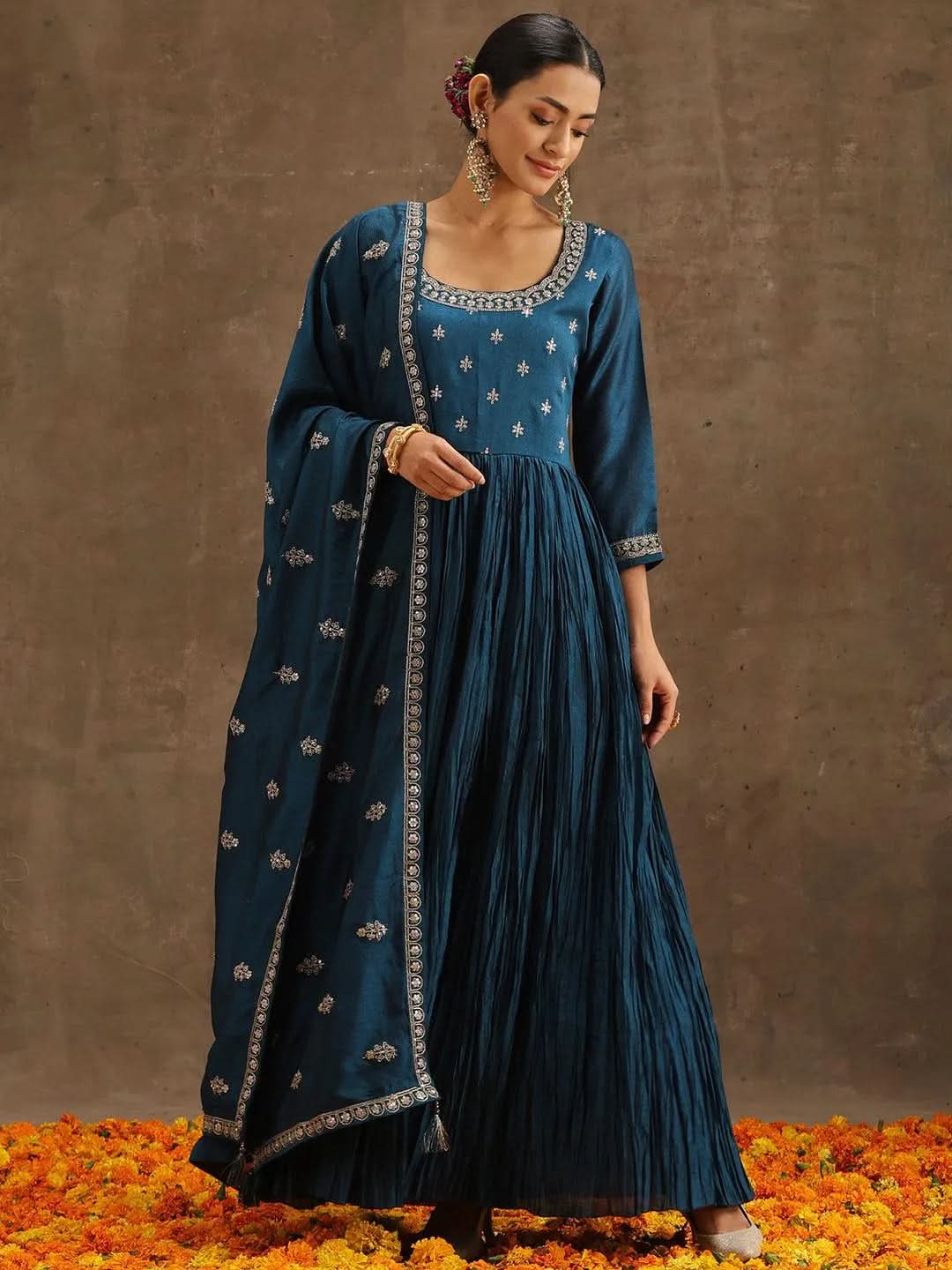 Teal Embroidered Silk Blend Anarkali Suit Set With Trousers - Libas 