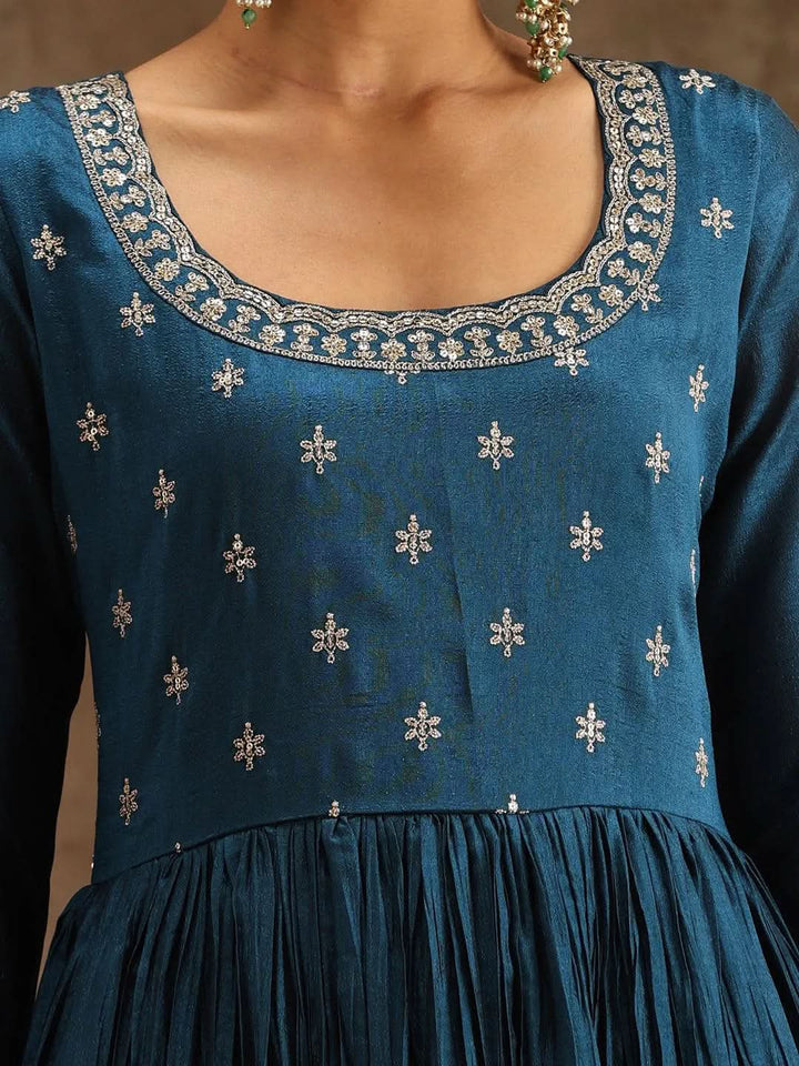 Teal Embroidered Silk Blend Anarkali Suit Set With Trousers - Libas