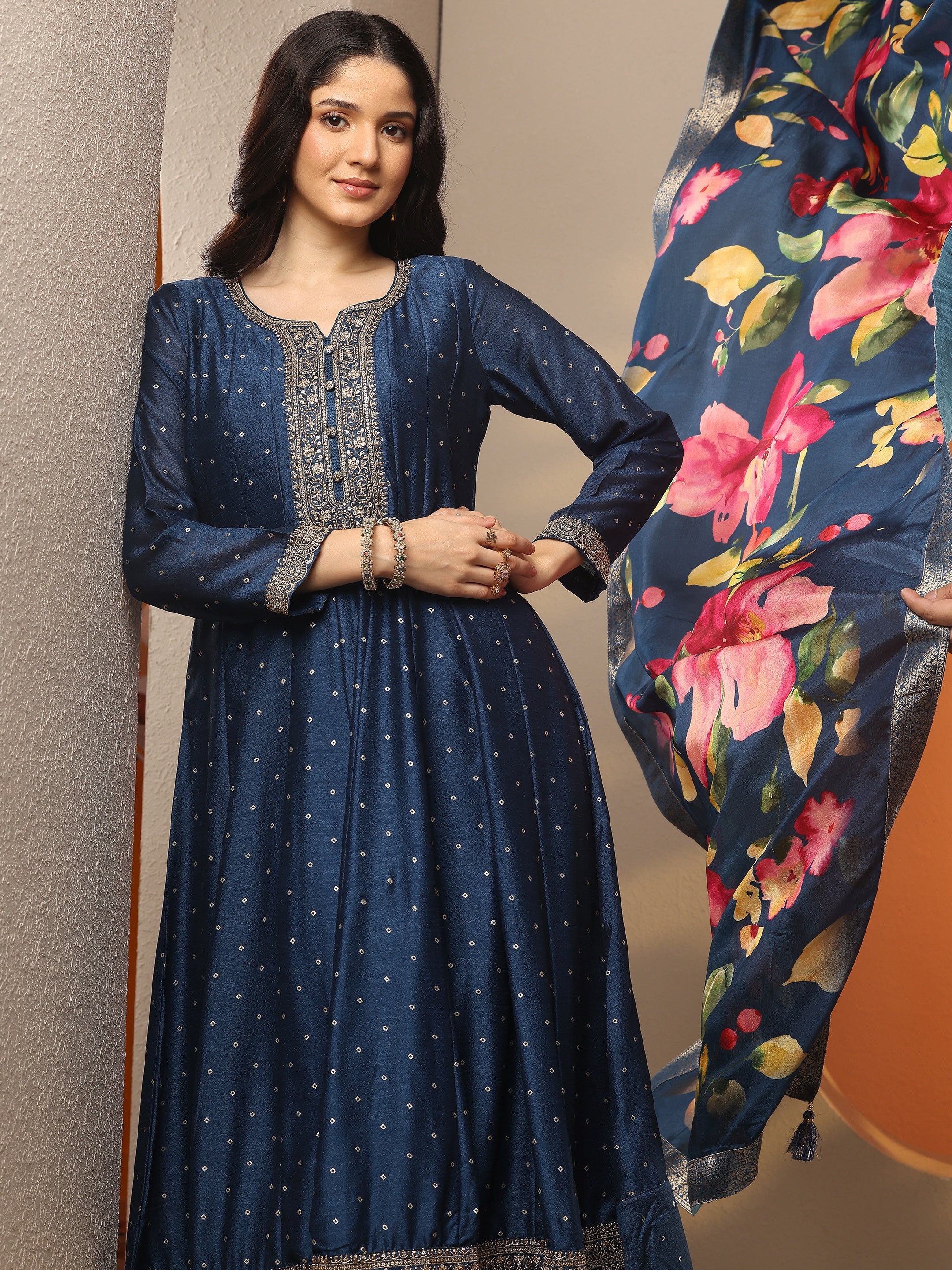 Teal Embroidered Silk Blend Anarkali Suit Set With Dupatta-image-16