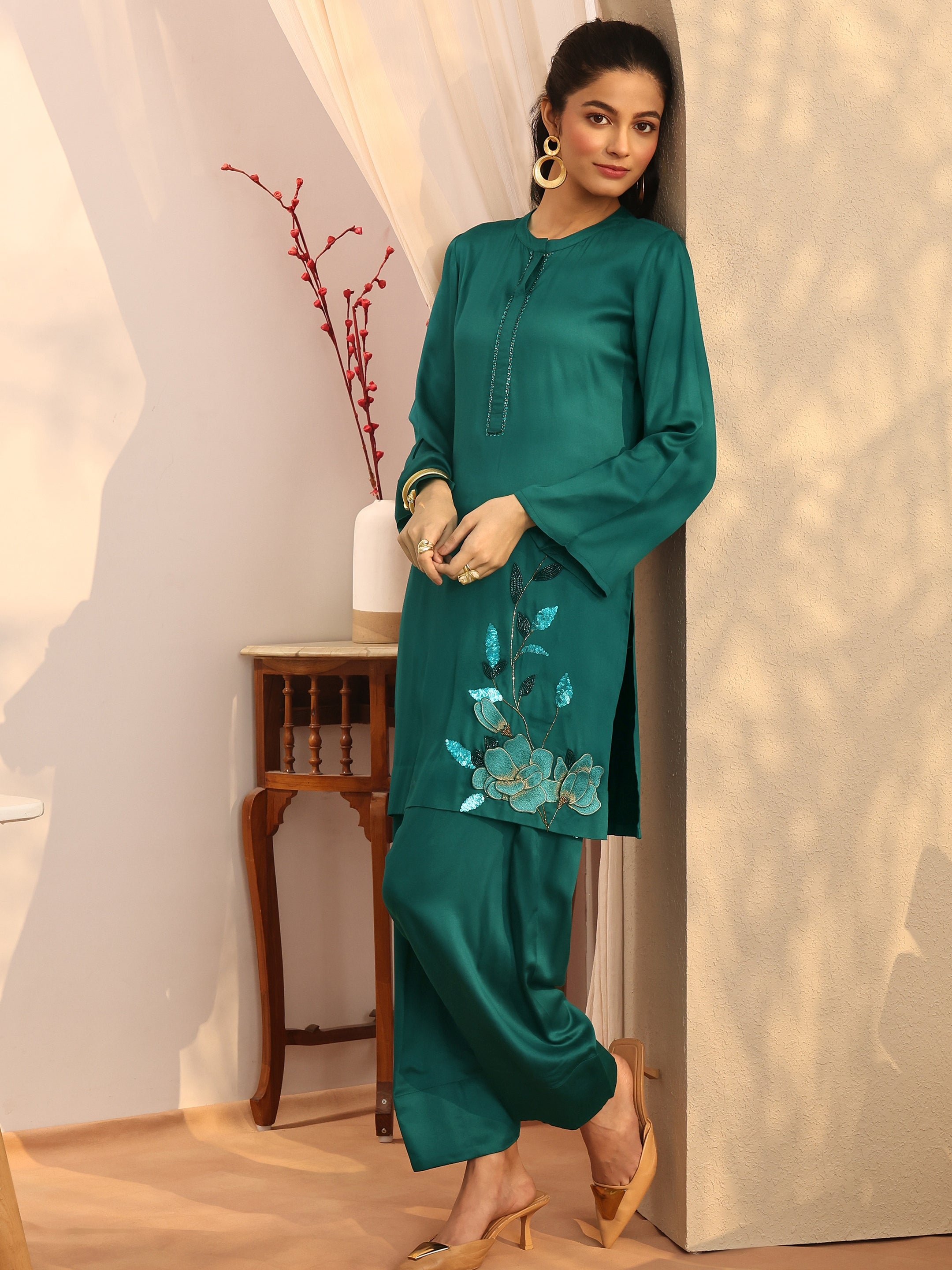 libas Teal Embroidered Silk Blend Co-Ord Sets-picture-53