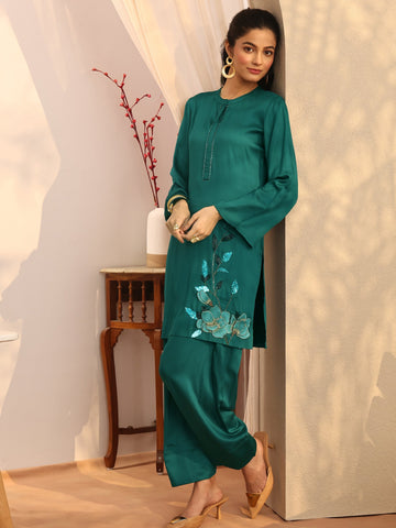 Teal Embroidered Silk Blend Co-Ord Sets