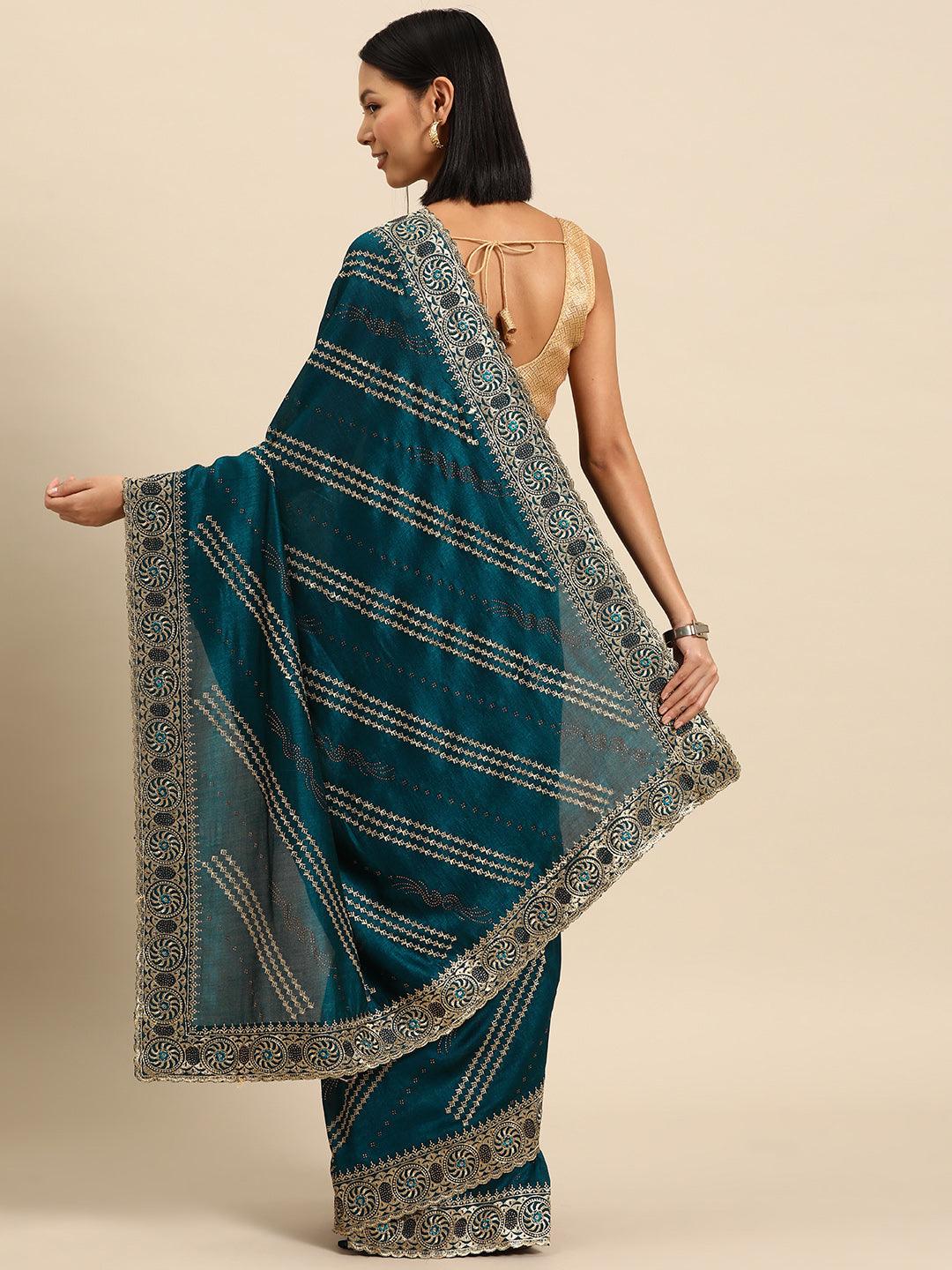 Teal Embroidered Silk Blend Saree - Libas