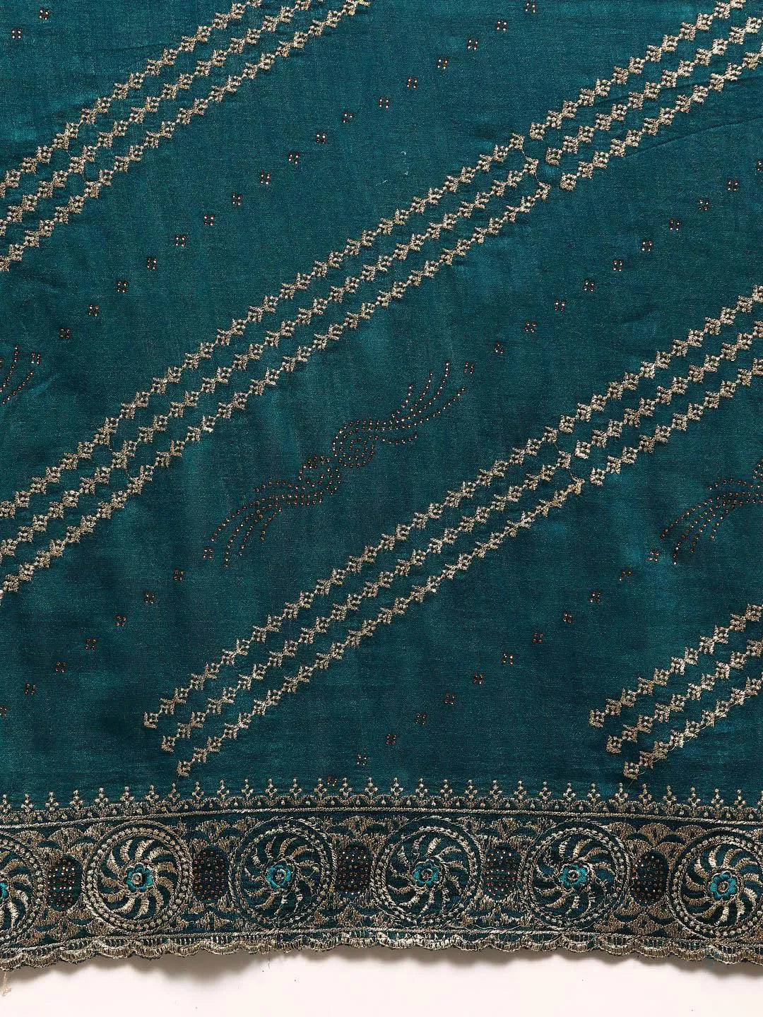 Teal Embroidered Silk Blend Saree - Libas 