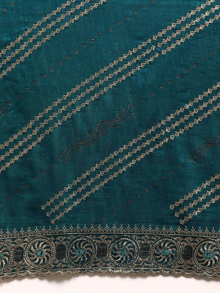 Teal Embroidered Silk Blend Saree - Libas