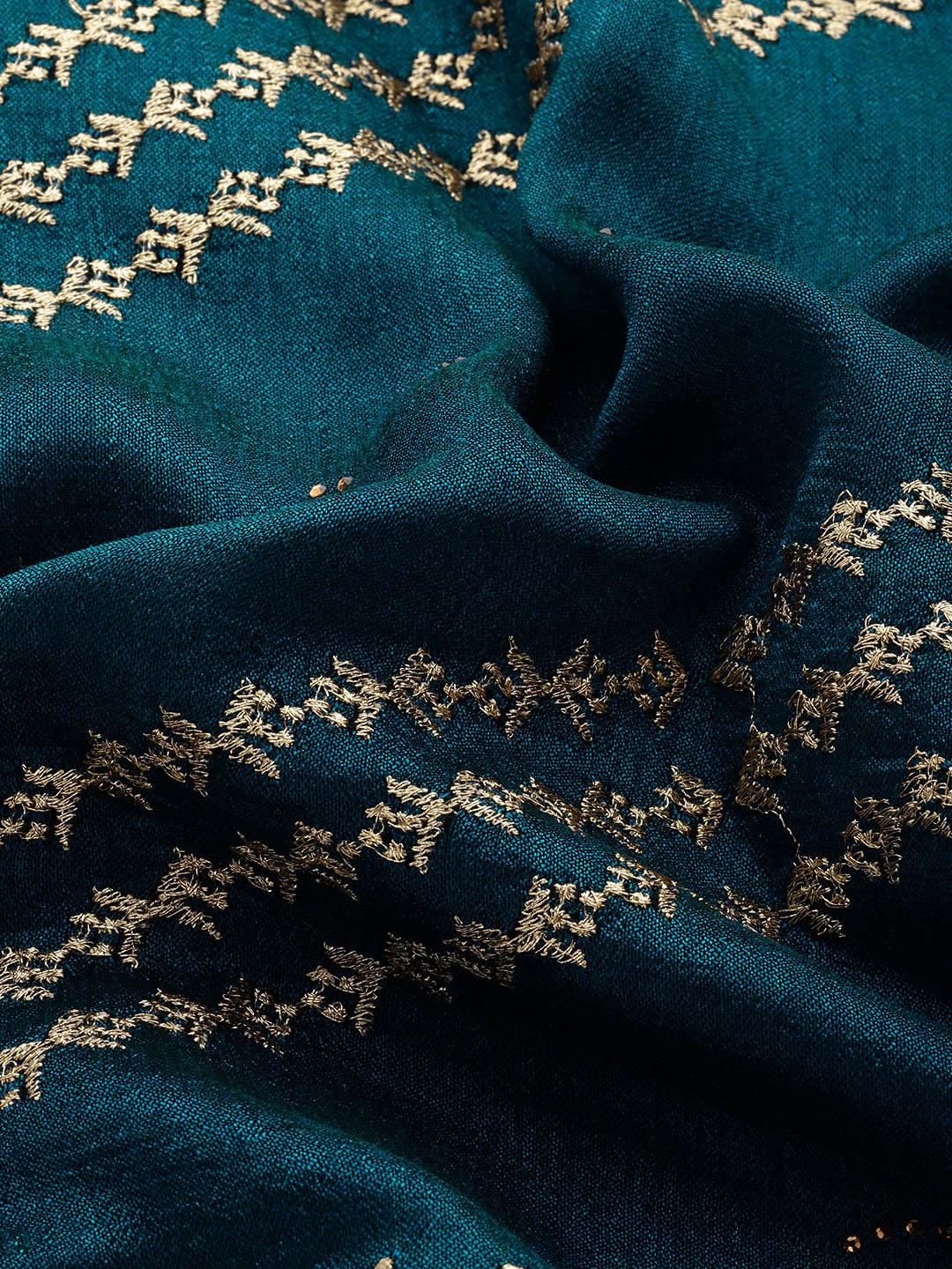 Teal Embroidered Silk Blend Saree - Libas