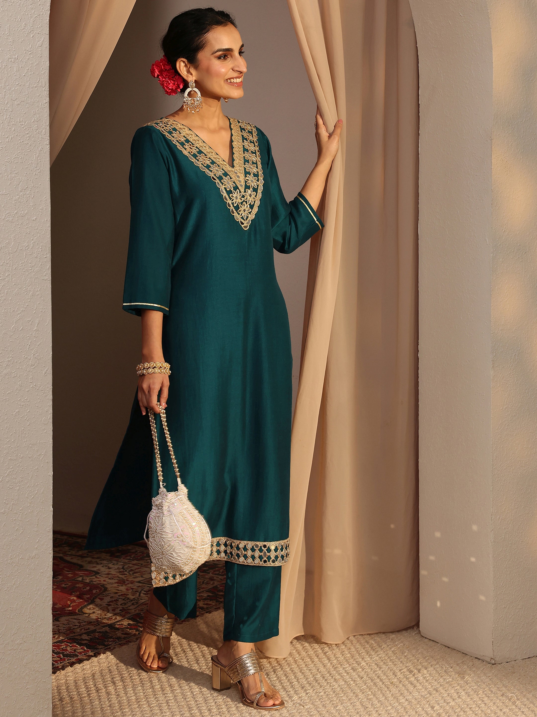 Teal Embroidered Silk Blend Straight Kurta Set-image-6