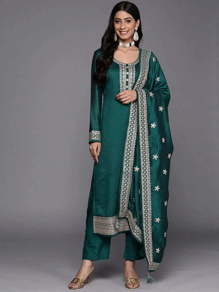 Teal Embroidered Silk Blend Straight Suit Set - Libas