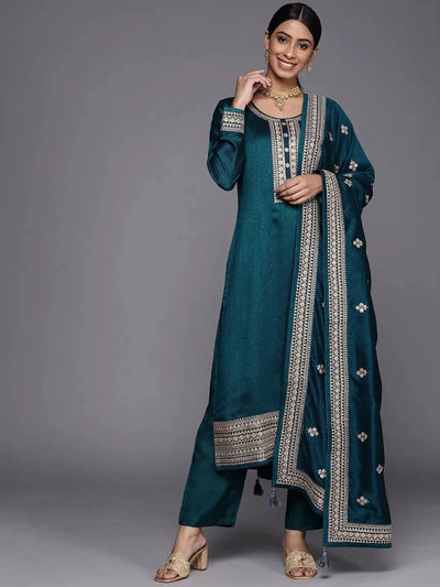 Teal Embroidered Silk Blend Straight Suit Set - Libas