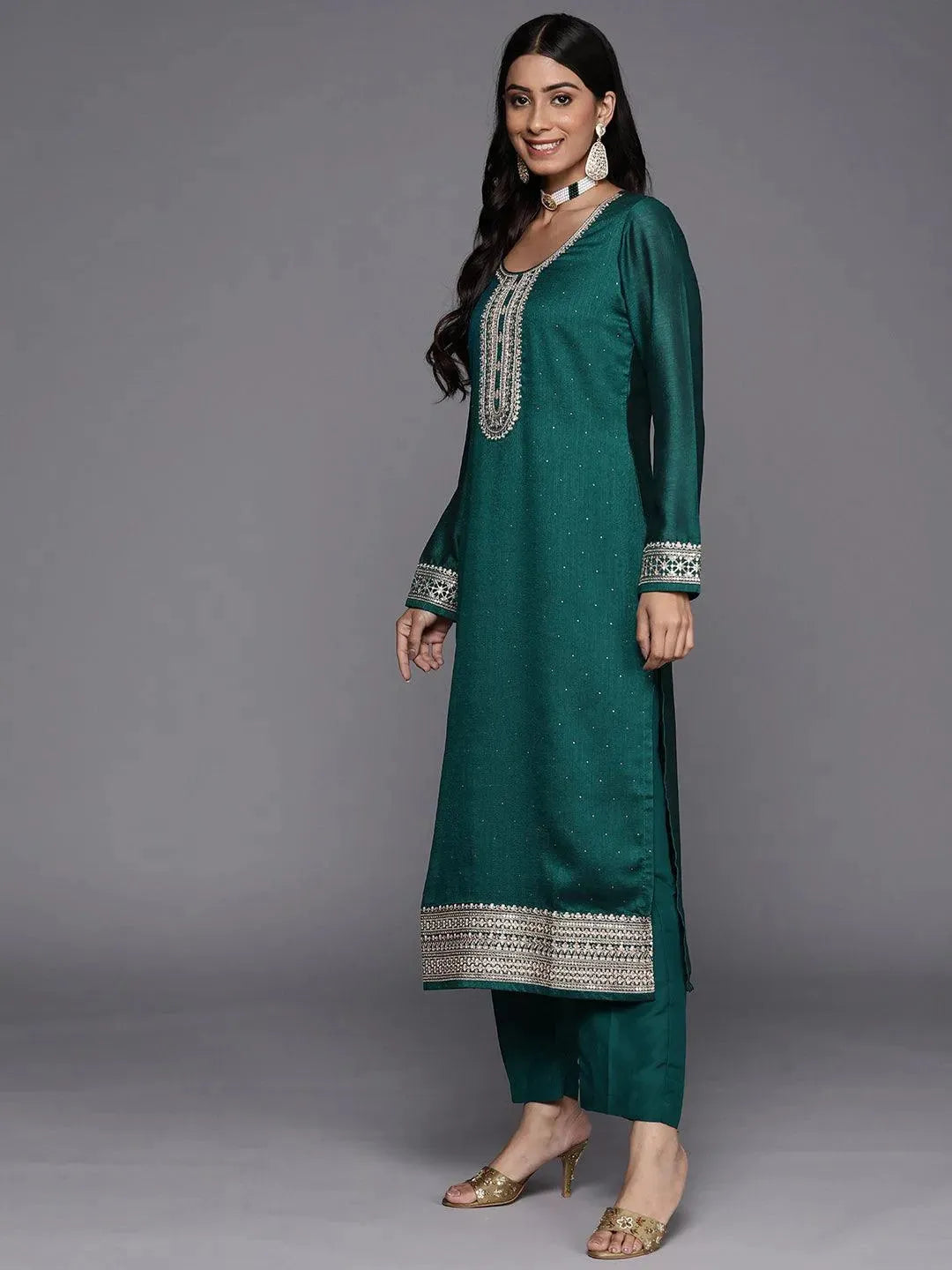 Teal Embroidered Silk Blend Straight Suit Set - Libas 