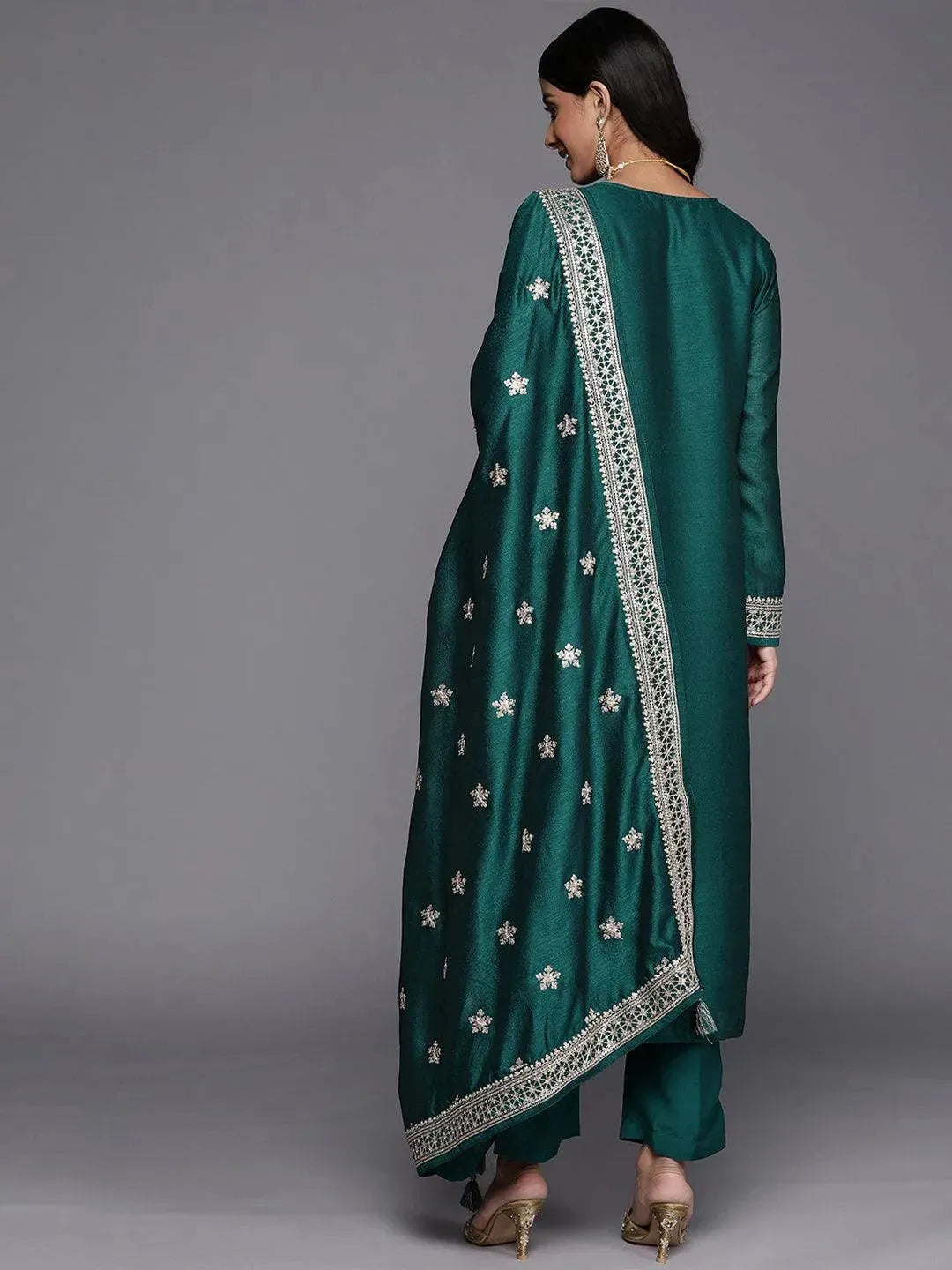 Teal Embroidered Silk Blend Straight Suit Set - Libas 