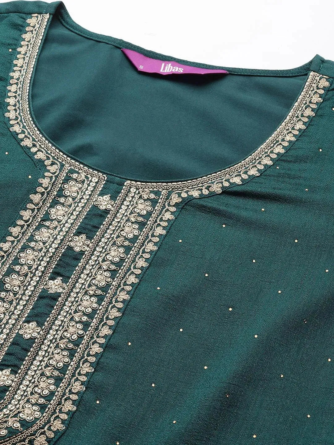 Teal Embroidered Silk Blend Straight Suit Set - Libas 