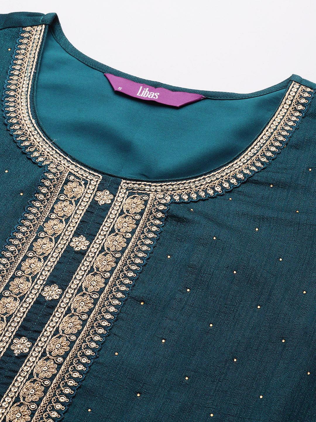 Teal Embroidered Silk Blend Straight Kurta With Dupatta