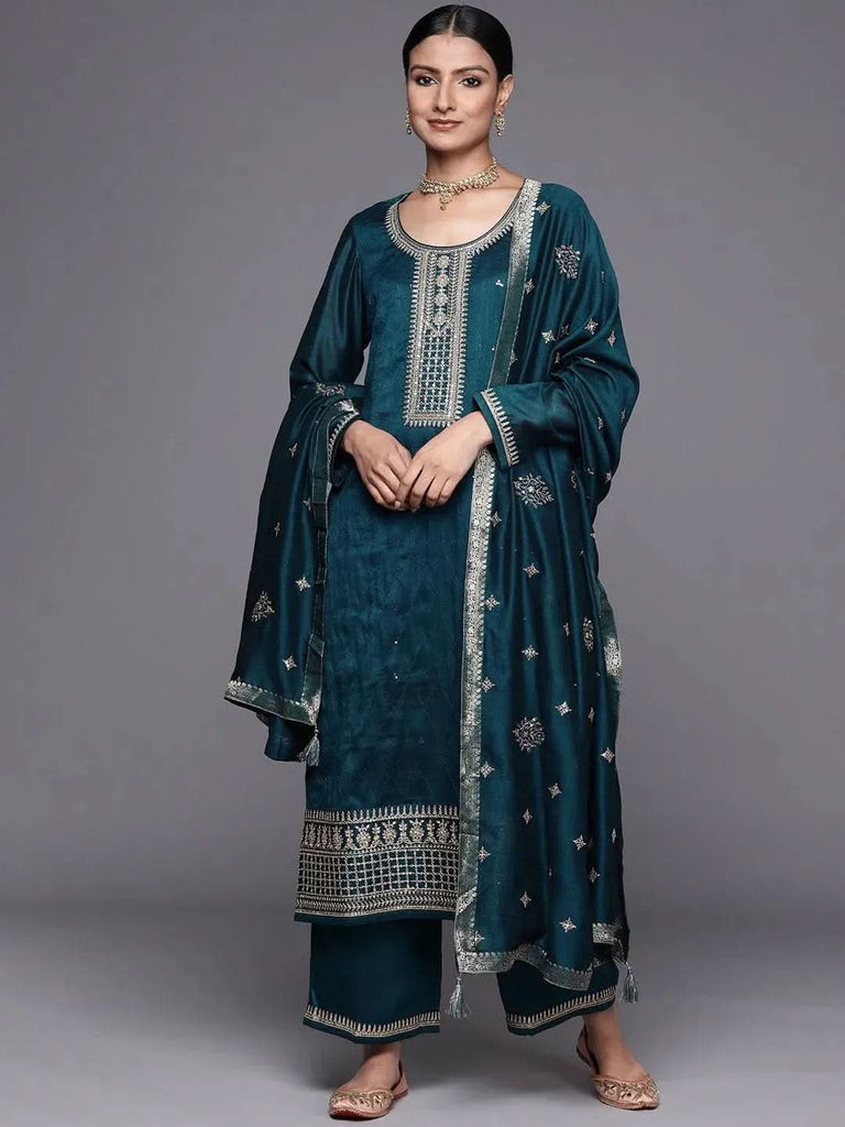 Libas Teal Embroidered Silk Blend Straight Kurta With Palazzos & Dupatta