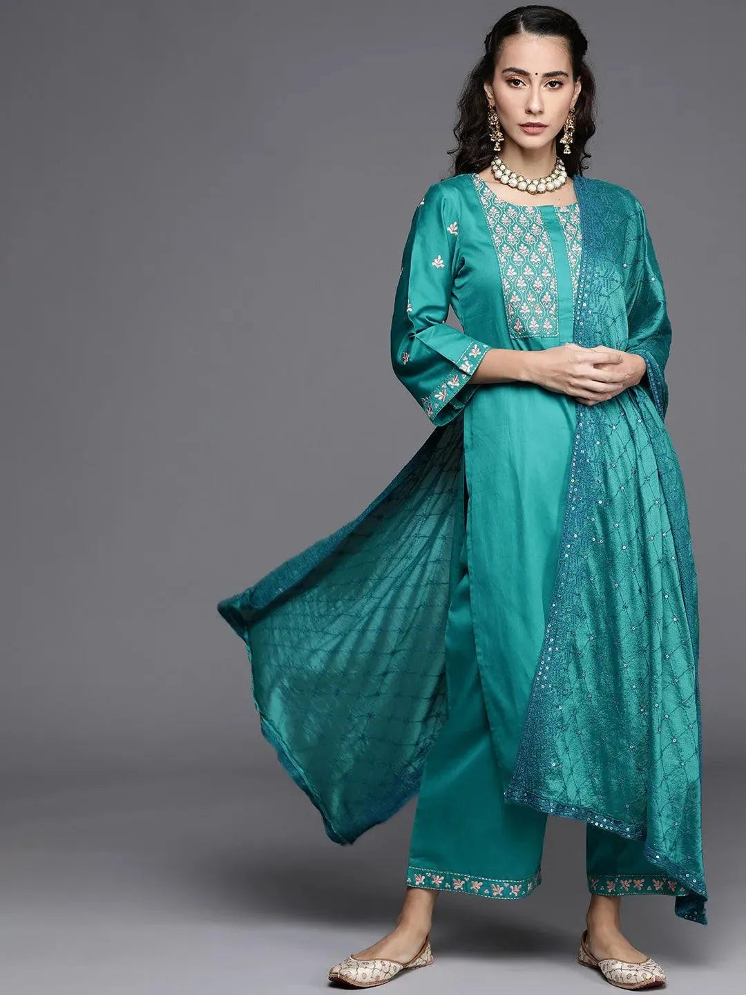 Teal Green Embroidered Silk Blend Suit Set - Libas