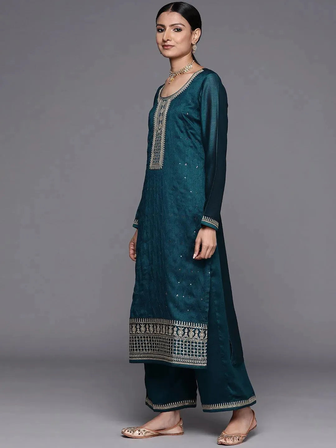 Teal Embroidered Silk Blend Straight Suit Set - Libas 