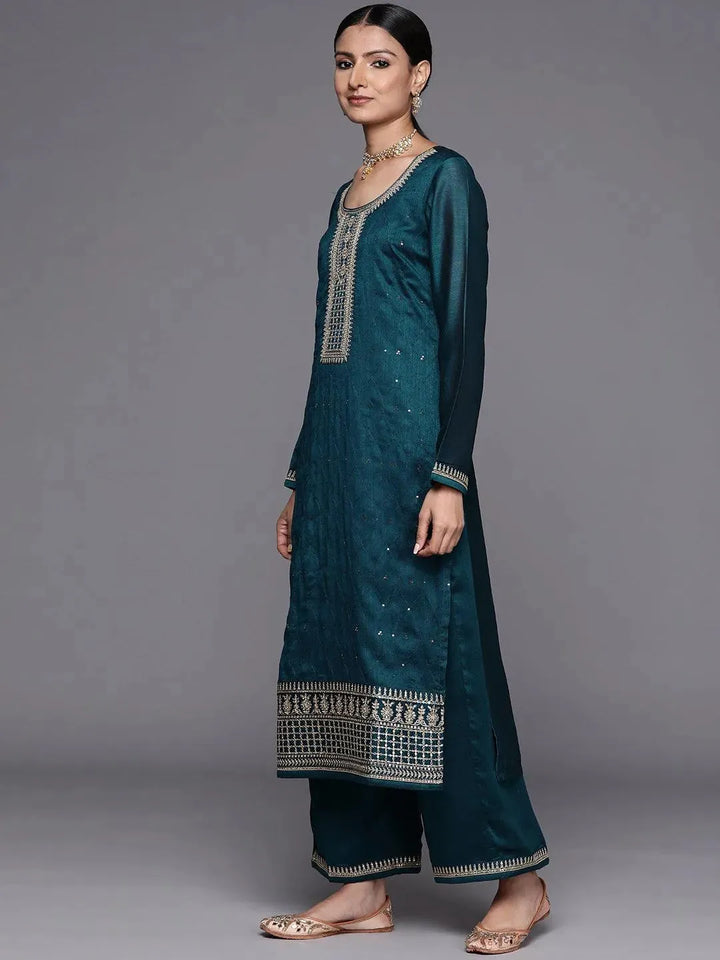 Teal Embroidered Silk Blend Straight Suit Set - Libas