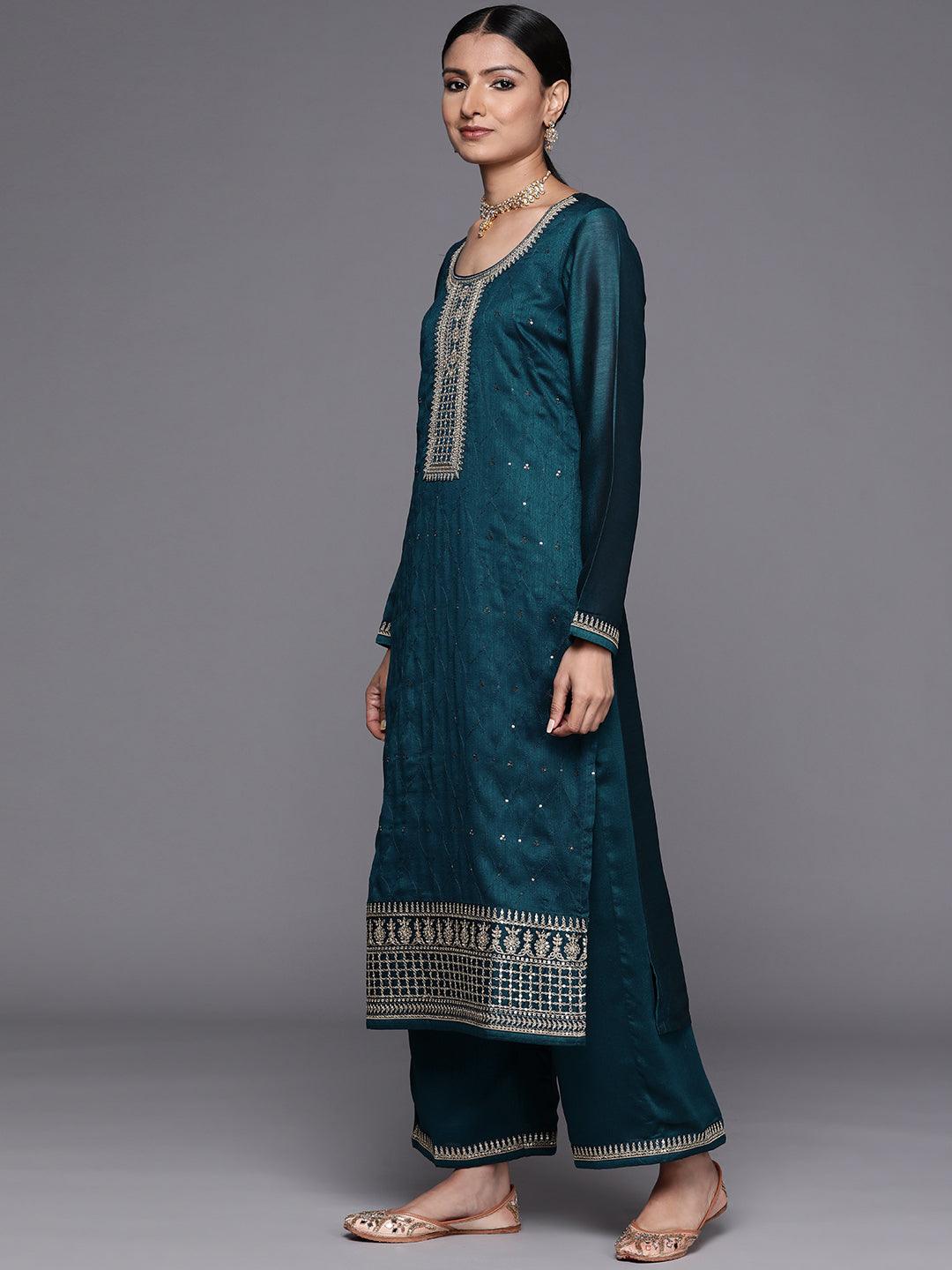 Teal Embroidered Silk Blend Straight Suit Set - Libas