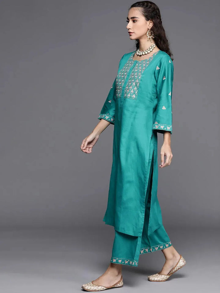 Teal Green Embroidered Silk Blend Suit Set - Libas