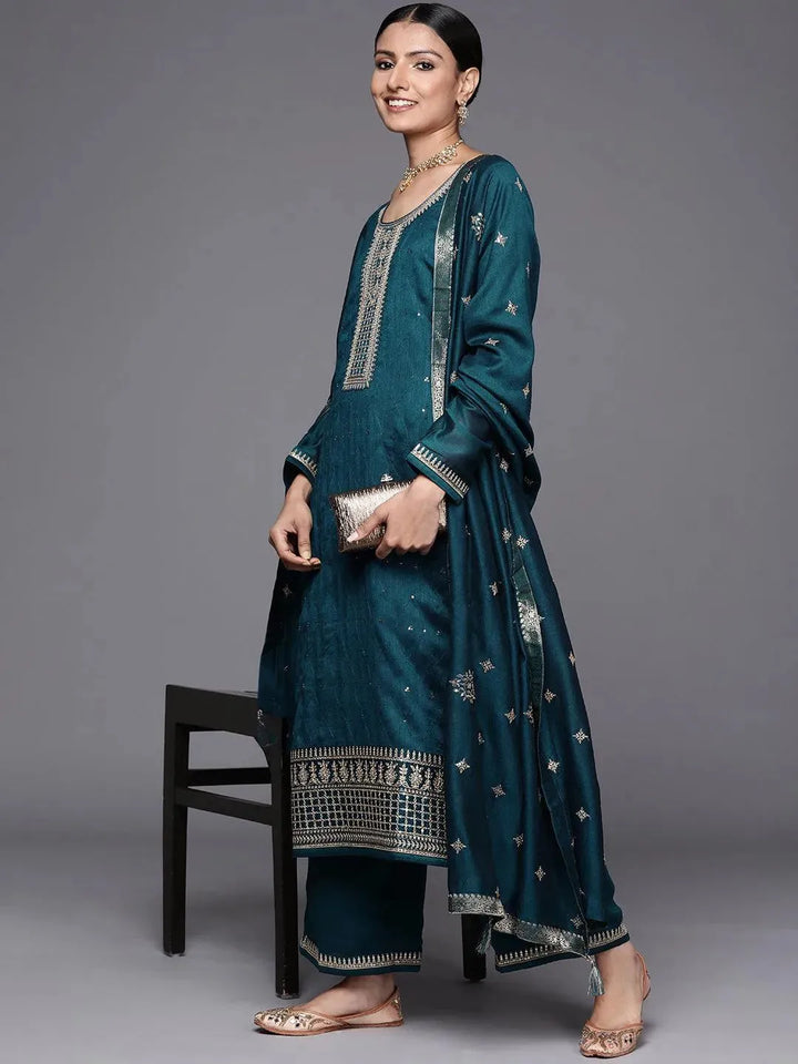 Teal Embroidered Silk Blend Straight Suit Set - Libas