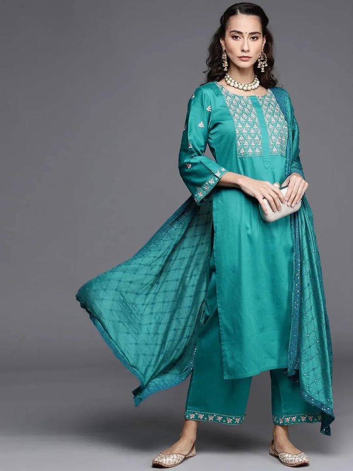 Teal Green Embroidered Silk Blend Suit Set - Libas