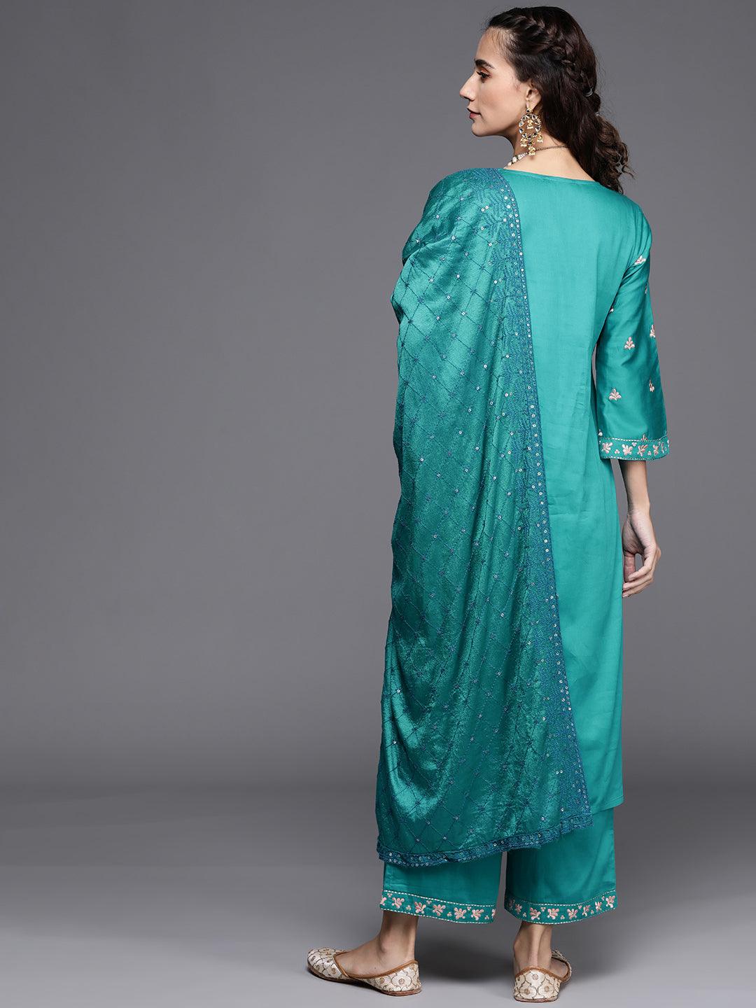 Teal Green Embroidered Silk Blend Suit Set - Libas