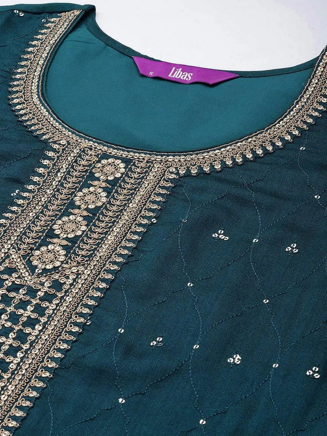 Teal Embroidered Silk Blend Straight Suit Set - Libas 