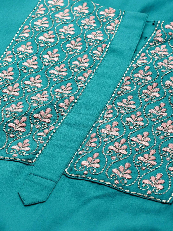 Teal Green Embroidered Silk Blend Suit Set - Libas