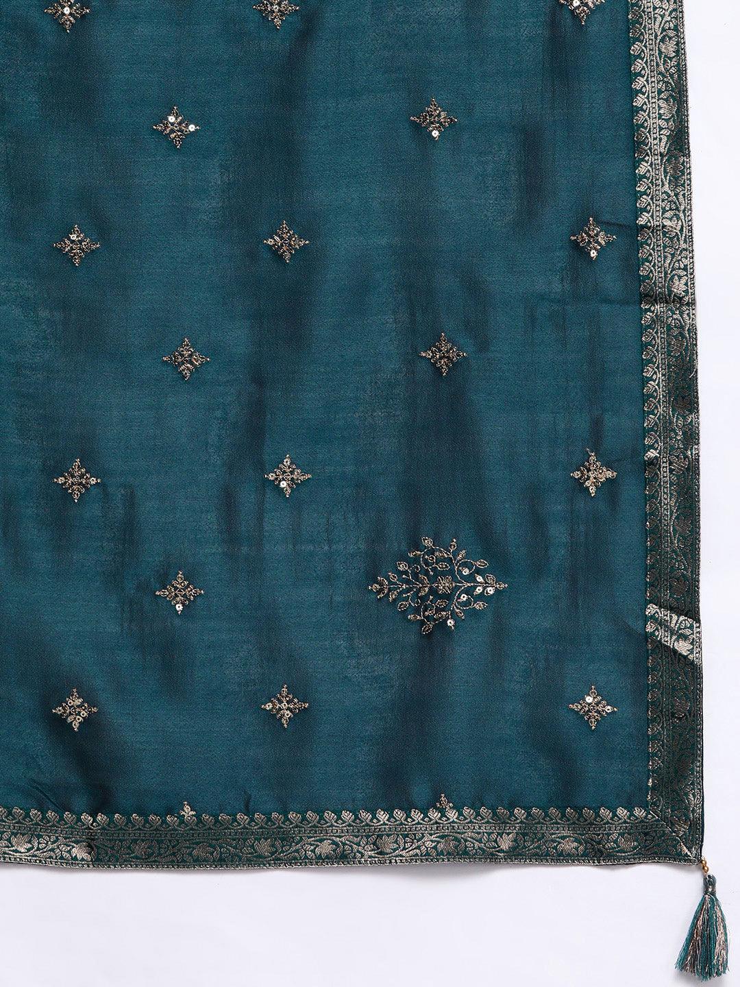 Teal Embroidered Silk Blend Straight Kurta With Palazzos & Dupatta