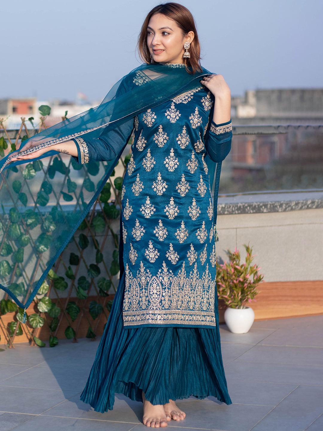 Teal Embroidered Silk Blend Straight Kurta With Sharara & Dupatta