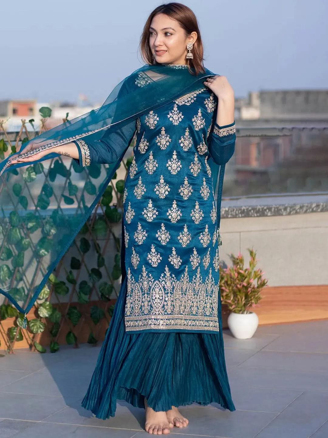 Teal Embroidered Silk Blend Straight Kurta With Sharara & Dupatta — Libas 2026