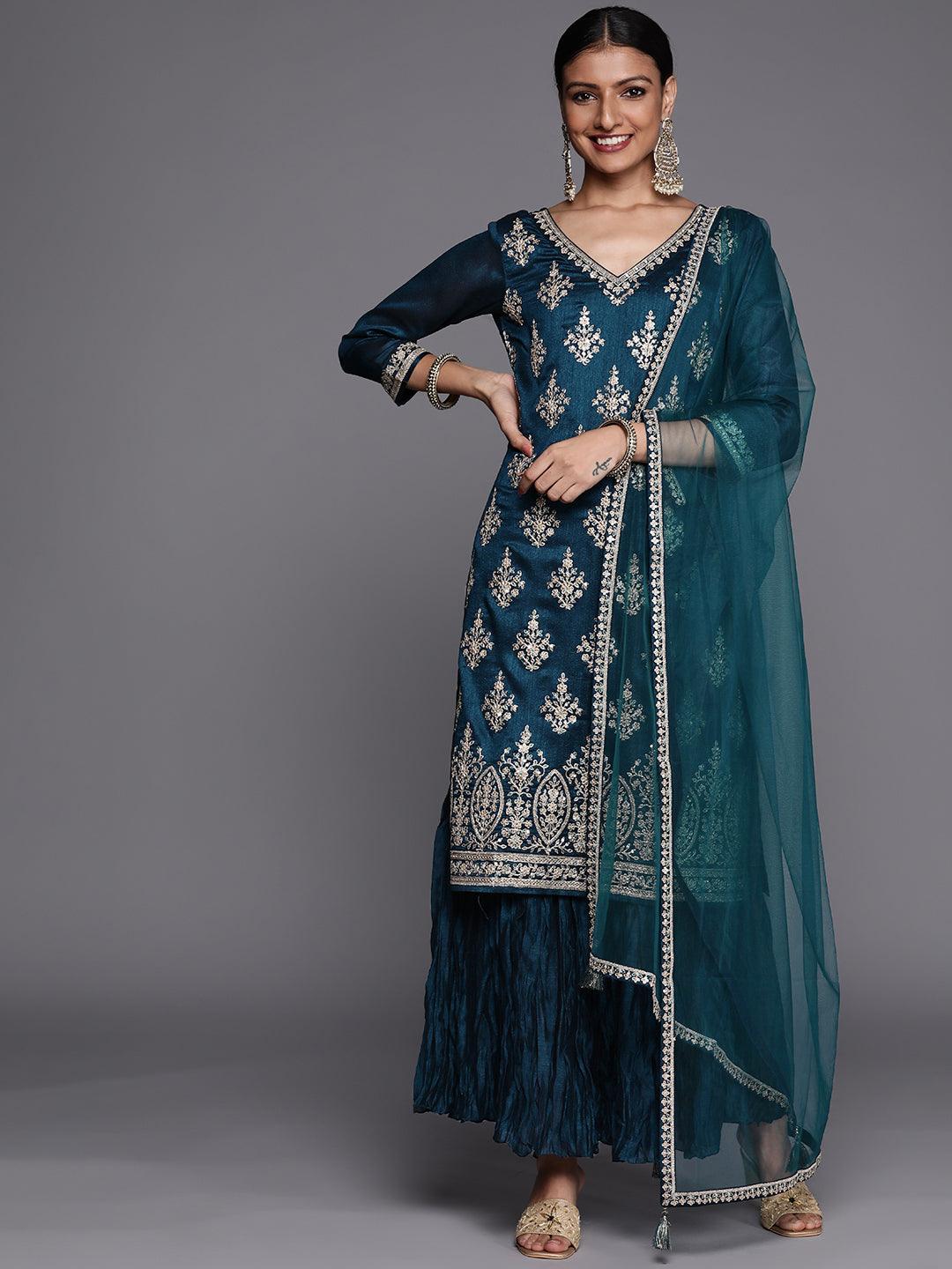 Teal Embroidered Silk Blend Straight Suit Set - Libas