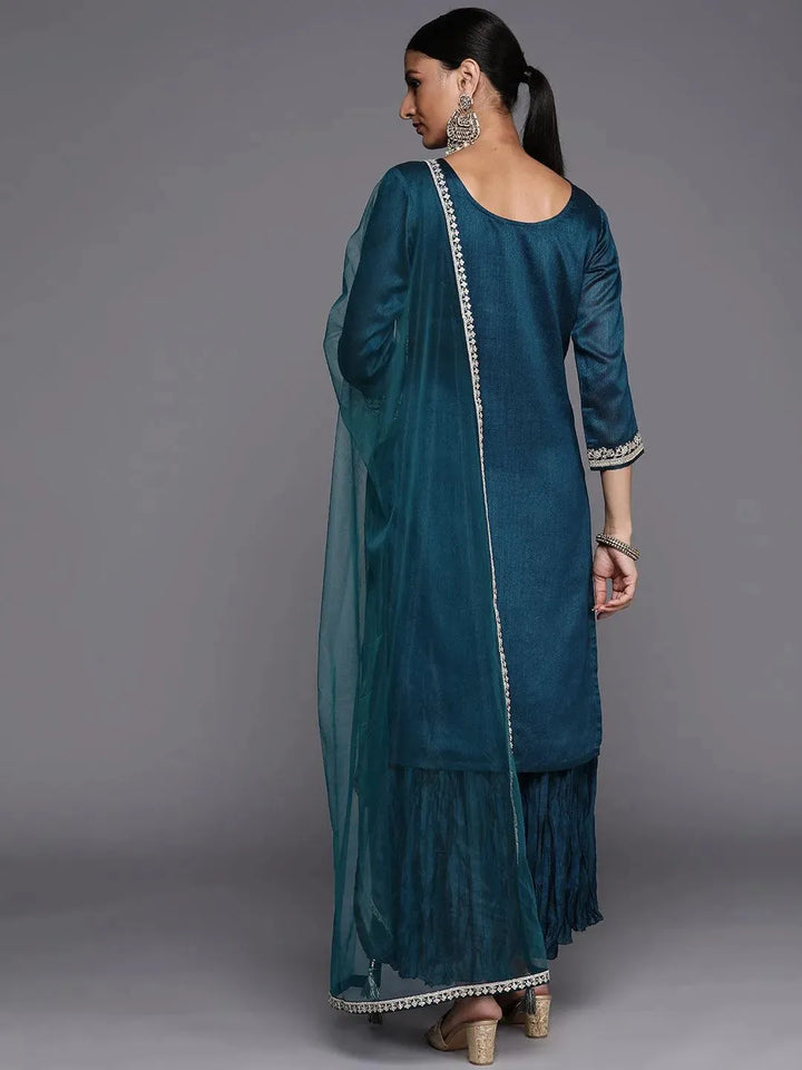 Teal Embroidered Silk Blend Straight Suit Set - Libas