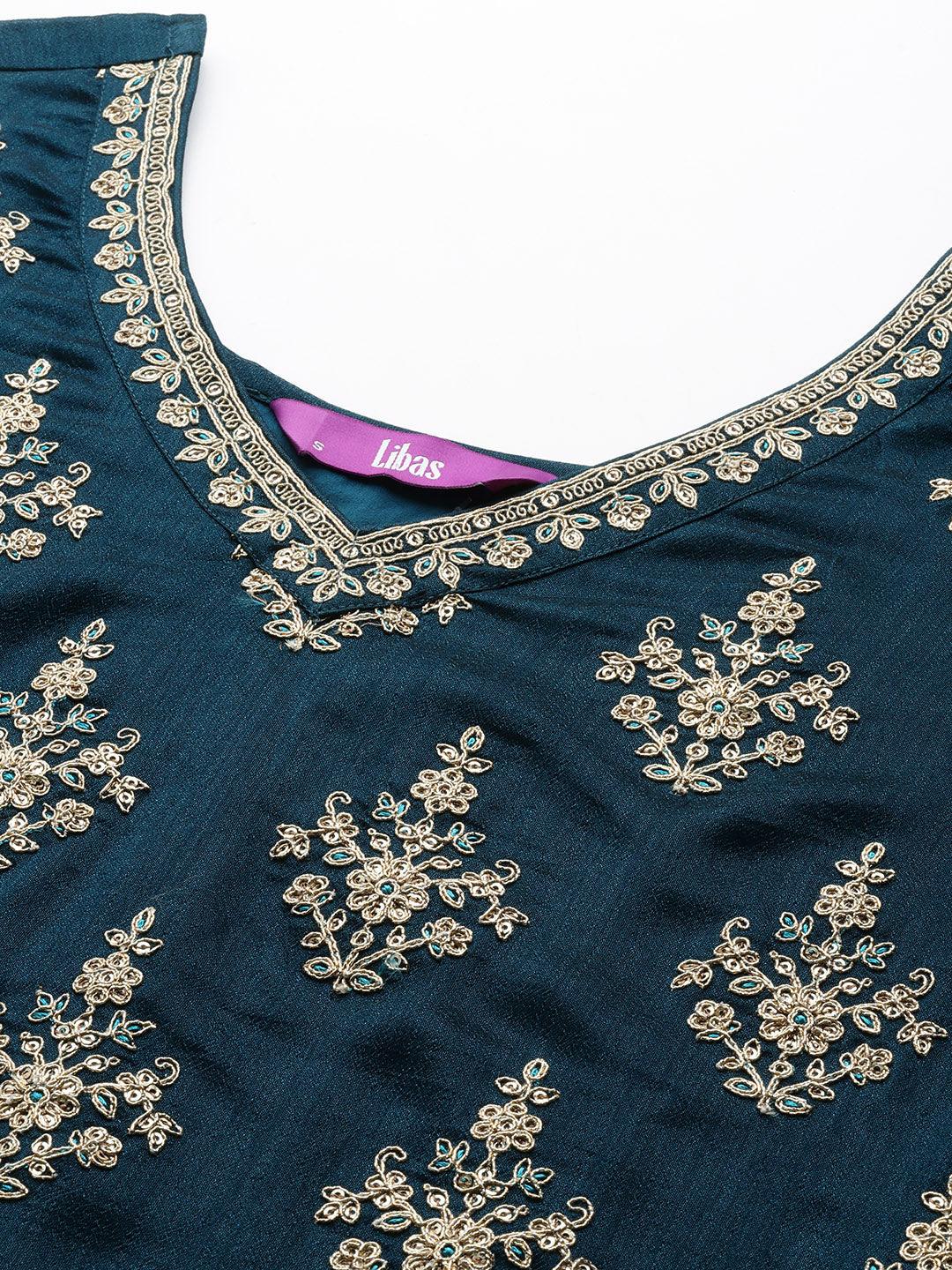 Teal Embroidered Silk Blend Straight Kurta With Sharara & Dupatta