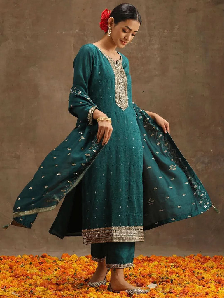 Libas Teal Embroidered Silk Blend Straight Kurta With Trousers & Dupatta