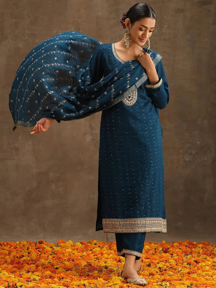 Teal Embroidered Silk Blend Suit Set With Trousers - Libas