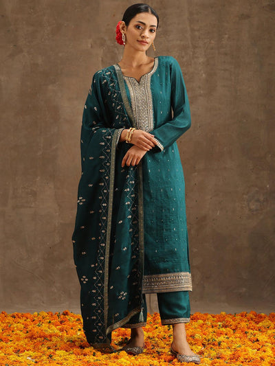 Teal Embroidered Silk Blend Suit Set With Trousers - Libas