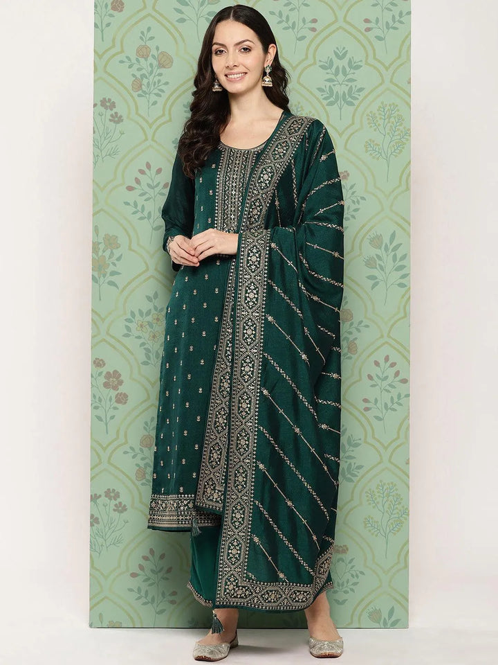 Teal Embroidered Silk Blend Straight Kurta With Trousers & Dupatta - Libas