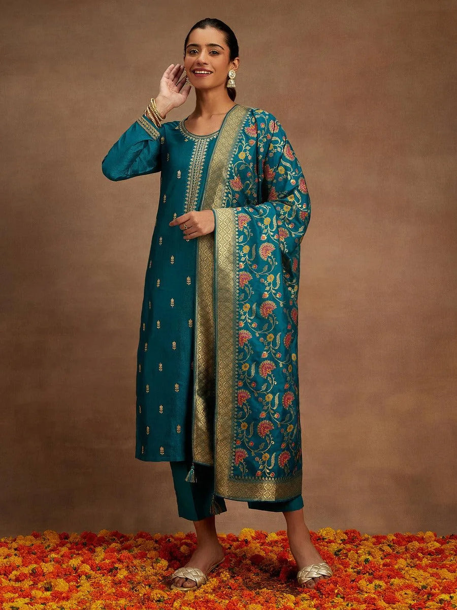Libas Art Sea Green Embroidered Chanderi Silk Straight Suit With Dupatta