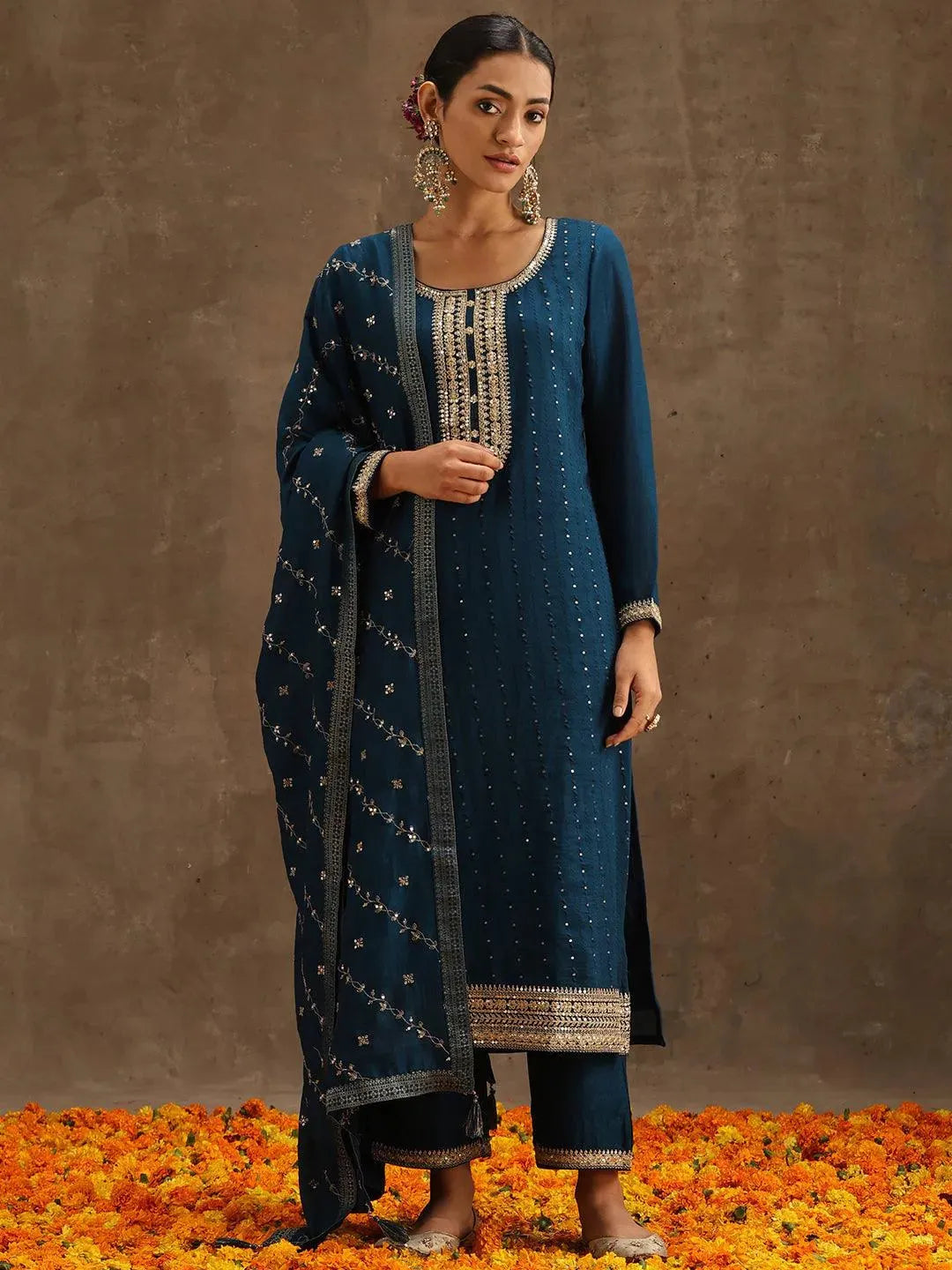 Teal Embroidered Silk Blend Suit Set With Trousers - Libas