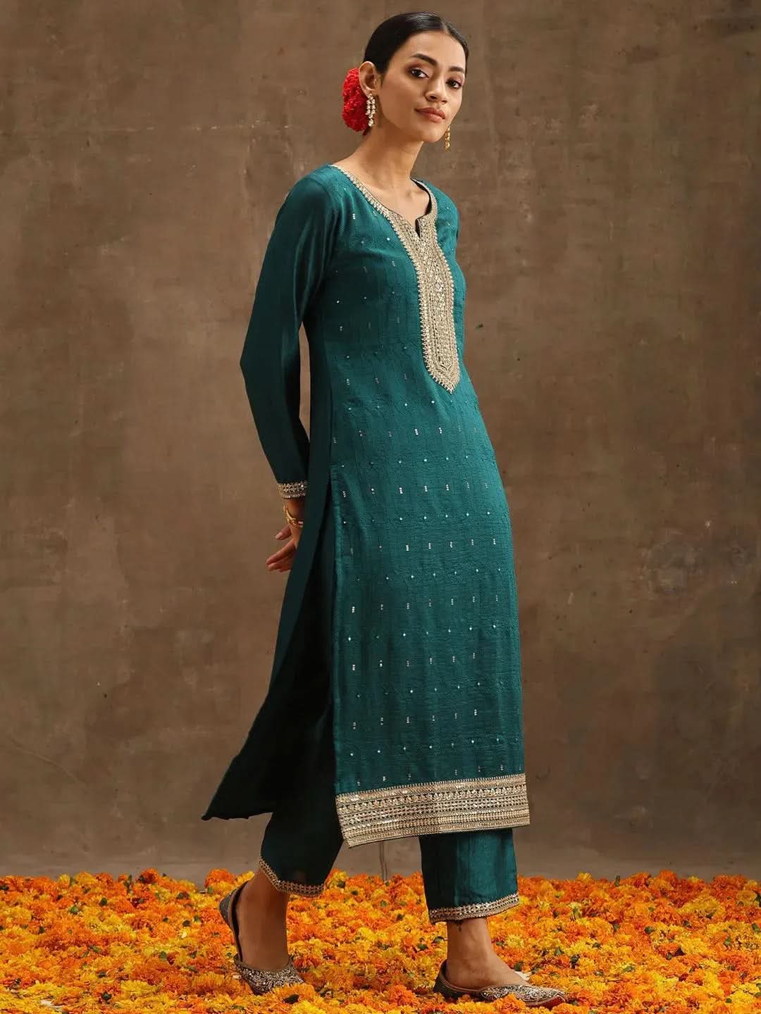 Teal Embroidered Silk Blend Suit Set With Trousers - Libas 