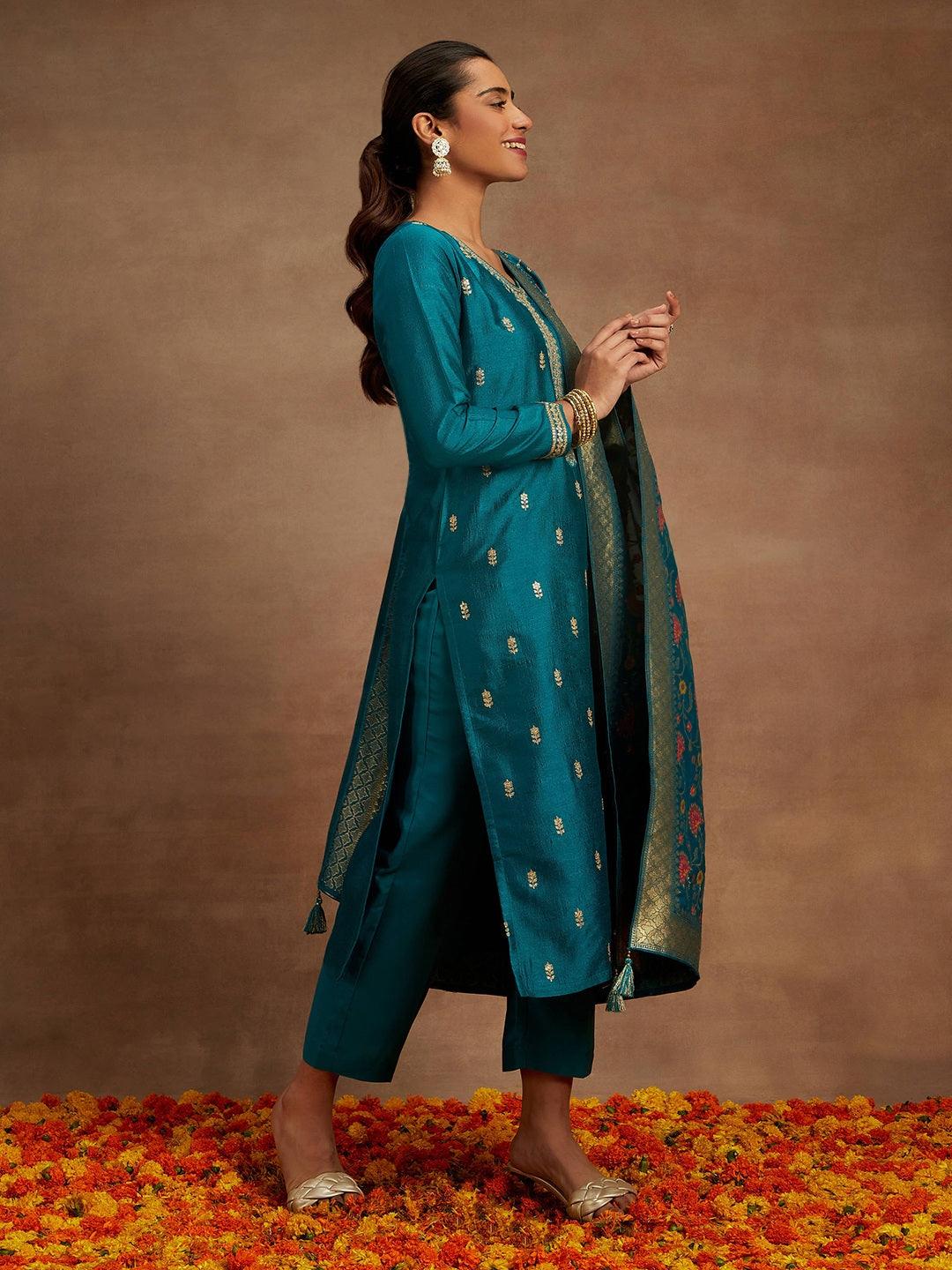 Teal Embroidered Silk Blend Straight Kurta With Trousers & Dupatta - Libas