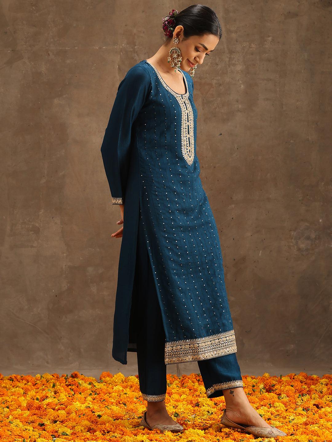 Teal Embroidered Silk Blend Suit Set With Trousers - Libas