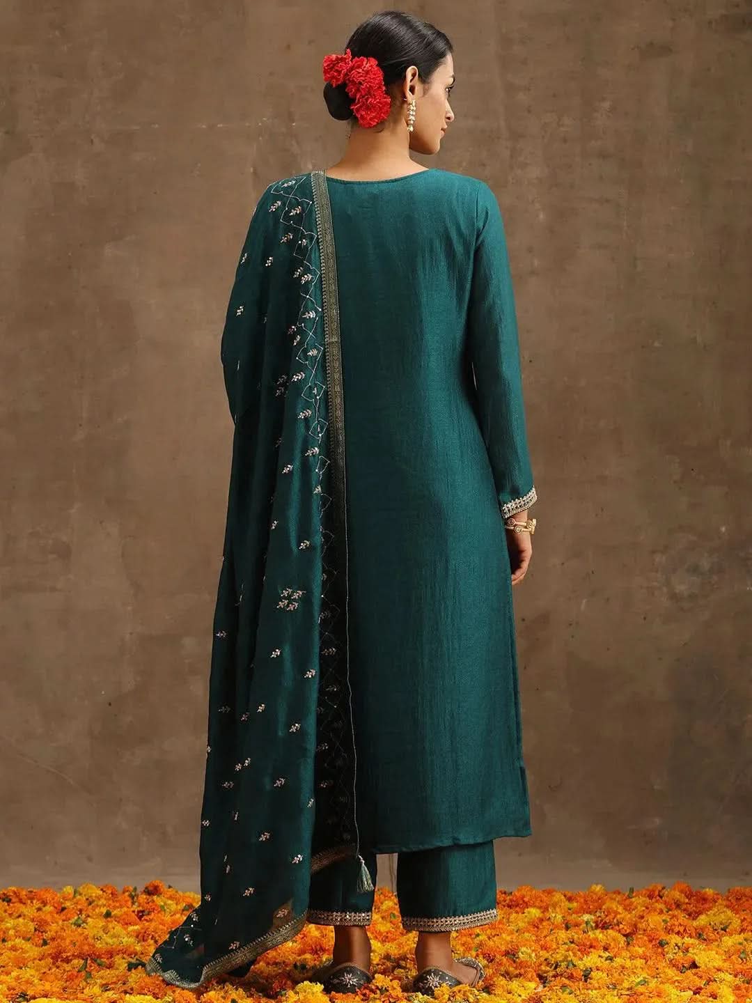 Teal Embroidered Silk Blend Suit Set With Trousers - Libas 