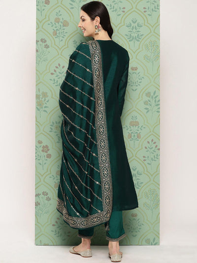 Teal Embroidered Silk Blend Straight Kurta With Trousers & Dupatta - Libas