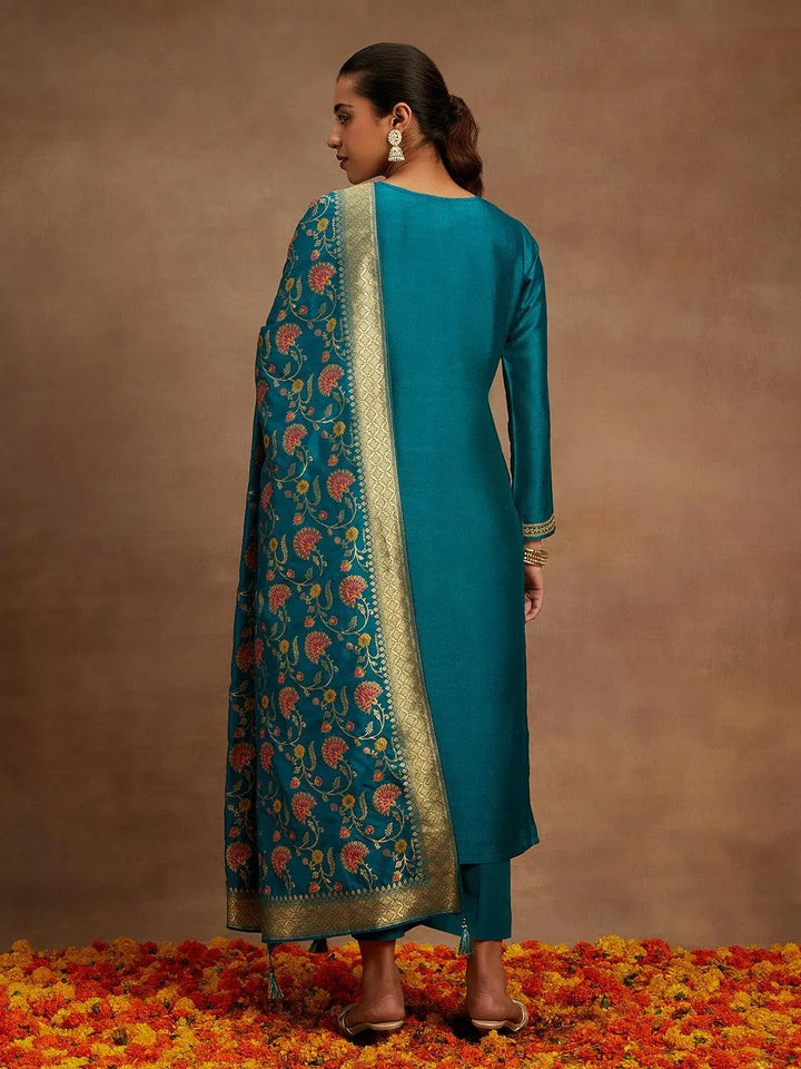 Teal Embroidered Silk Blend Straight Kurta With Trousers & Dupatta - Libas