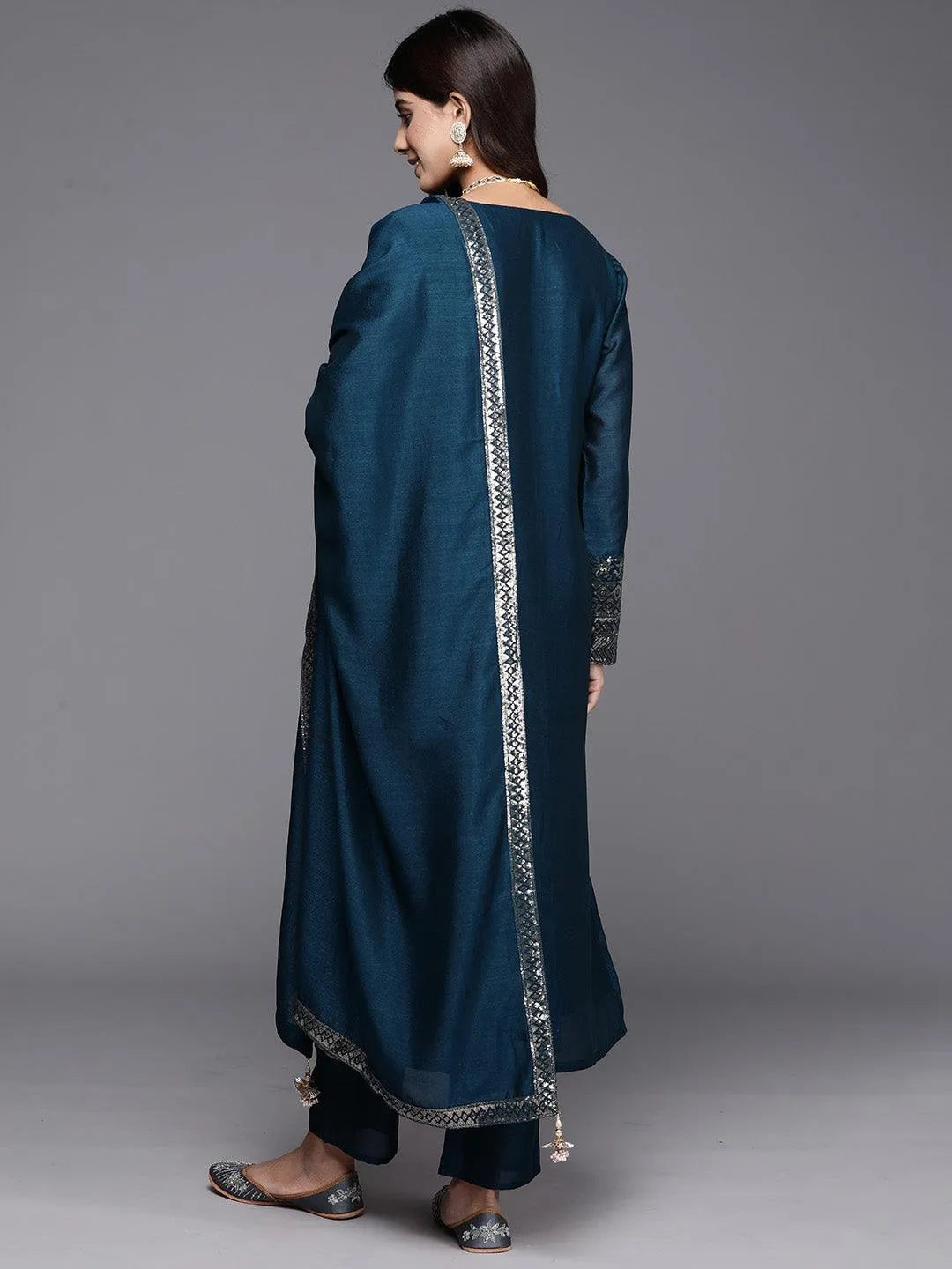 Teal Embroidered Silk Blend Straight Kurta With Trousers & Dupatta - Libas 
